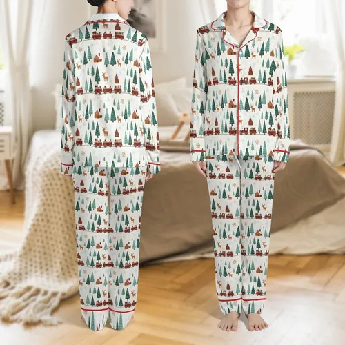 Baby & Toddler Christmas Train Pajama Sewing Pattern: Whimsical Snowy Forest Scene Satin Pajamas Set
