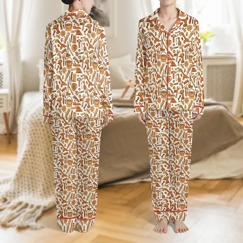Kids' Builder Custom Name Playful Tool Pattern Modal-Spandex Long Sleeve Sleep Set Satin Pajamas Set