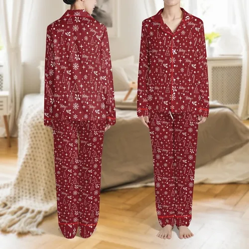 Personalized Family Christmas Pajamas Set: Maroon Red Snowflakes, Holly & Merry Script Polyester Sleepwear Satin Pajamas Set
