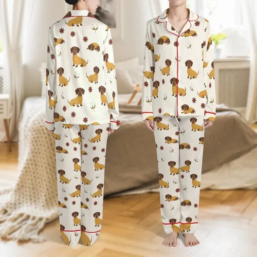 Dachshund Lovers: Mustard Onesie Dog Pattern Cozy Sleepwear - Cotton Boll & Star Anise Print Satin Pajamas Set