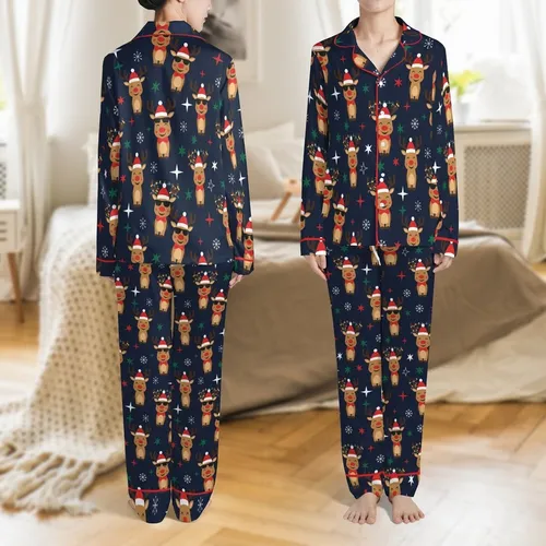 Family Matching Christmas Pajamas Design: Cheerful Reindeer with Santa Hats & String Lights Satin Pajamas Set