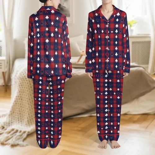 Couples' Matching King & Queen of Hearts Flannel Sleepwear, Red Navy Tartan Plaid Satin Pajamas Set