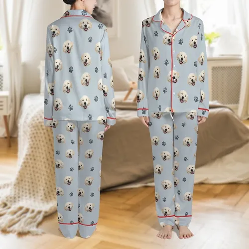 Personalized Pet Lovers' Golden Retriever Puppy Face & Paw Print Micro Fleece Pajamas Set Satin Pajamas Set