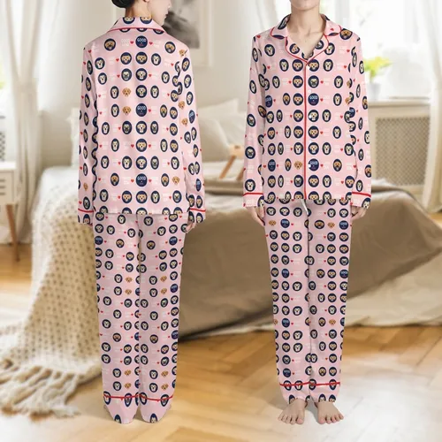 Dog Lover's Baby Pink & Navy Good Dog Pattern: Golden Retriever, Pug, Corgi, Labrador Faces Graphic Satin Pajamas Set