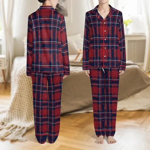 Personalized Valentine's Day Crimson Navy Plaid Heart Flannel Sleep Set Satin Pajamas Set