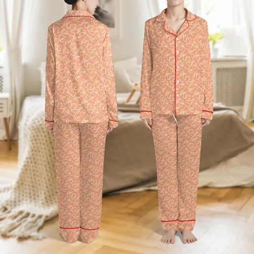 Bridal Party & Bride: Personalized White 'Love' Script on Peach-Orange Silky Satin Camisole & Shorts Pajamas Set Satin Pajamas Set