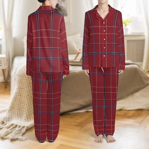 Women's Deep Crimson Tartan Plaid Flannel Sleepwear Set: Navy & White Pattern Satin Pajamas Set