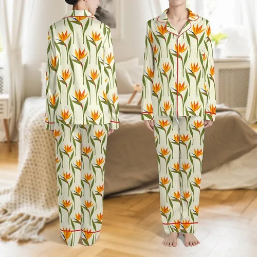 Bridesmaid White Silk Peignoir Pajama Set: Bird of Paradise & Delicate Lace Floral Print Satin Pajamas Set