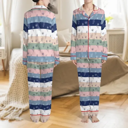 Bridesmaid & Bride Minimalist Botanical Line Art 100% Cotton Short Sleep Set Satin Pajamas Set