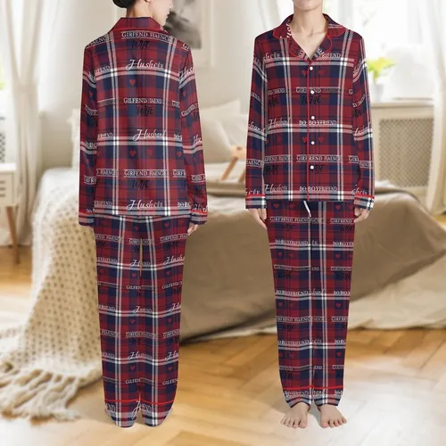 Hubby Wifey Matching Pajamas: Navy Tartan Cotton Flannel Couples Sleep Set Satin Pajamas Set