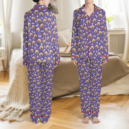 Personalized Pet Lover's Pajamas: Custom Golden Labrador Photo & Paw Print on Purple Polyester Pajamas Set Satin Pajamas Set