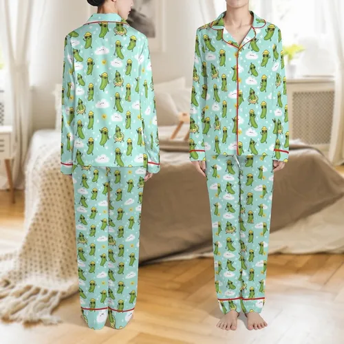 Family Matching Holiday Sleep Set: Whimsical Summer Pickle Pattern - Soft Spandex Blend Long Sleeve Satin Pajamas Set