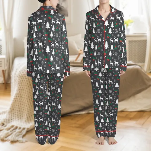 Family & Couple Matching Holiday Sleepwear: Charcoal Christmas Tree Snowflake Reindeer Bamboo Viscose Set Satin Pajamas Set