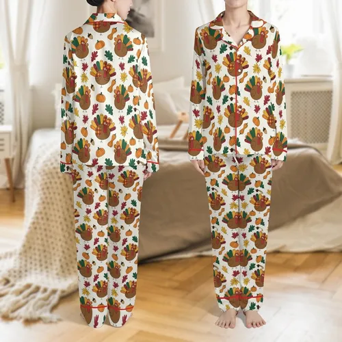 Custom 2025 Thanksgiving Family Pajamas with Name: Whimsical Turkey Plaid Pattern - Cozy Cotton Blend Satin Pajamas Set
