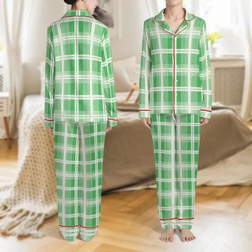 Women's Green Cream Geometric Plaid Linen Long Sleeve Loungewear Set Satin Pajamas Set