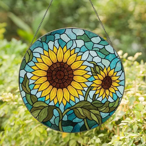 Nature Lovers' Radiant Tiffany Style Stained Glass Sunflower Jewel Tones Mosaic Pattern Stained Glass Suncatcher