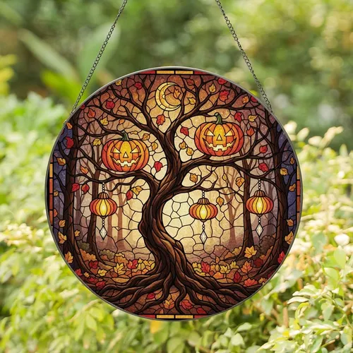 Halloween Enthusiasts' Stained Glass Tiffany Style Tree Lanterns Autumn Forest Mosaic Orange Amber Stained Glass Suncatcher