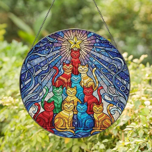 Cat Lovers' Whimsical Stained Glass Jewel Tone Cat Pyramid Christmas Tree Star Mosaic Stained Glass Suncatcher