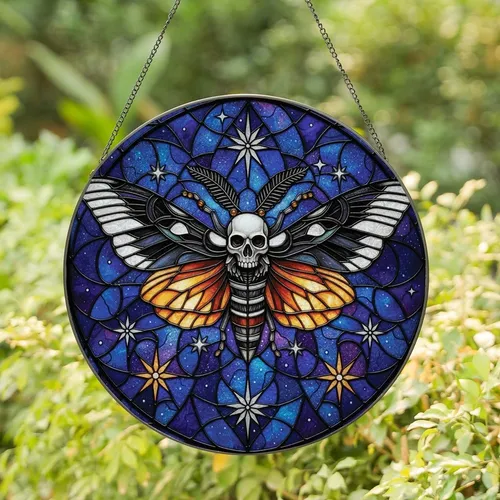 Gothic Art Lovers' Tiffany Stained Glass Skull Moth Cosmic Amber Blue Geometric Design Stained Glass Suncatcher