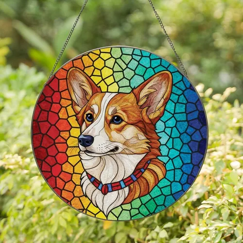 Corgi Lovers' Tiffany Stained Glass Corgi Portrait with Jewel Tone Mosaic Gradient Stained Glass Suncatcher