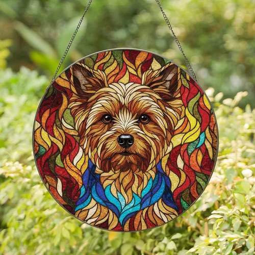 Yorkie Owners' Edge-to-Edge Tiffany Stained Glass Yorkie Head Mosaic Amber Blue Red Cream Stained Glass Suncatcher