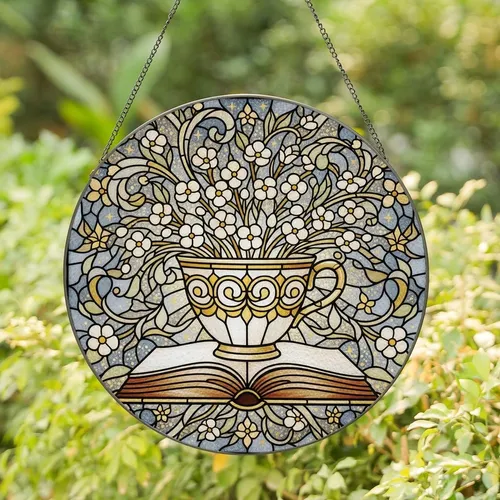 Art & Tea Lovers' Tiffany-Style Stained Glass Teacup Book Floral Gold Gray-Blue Mosaic Stained Glass Suncatcher
