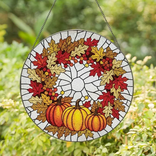 Autumn Art Lovers' Tiffany Stained Glass Three Pumpkins Fall Wreath Jewel Tone Mosaic Stained Glass Suncatcher