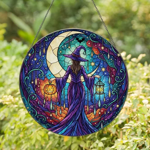 Mystical Art Enthusiasts' Tiffany Stained Glass Witch Mosaic: Radiant Orange Purple Glowing Lanterns Celestial Night Sky Stained Glass Suncatcher