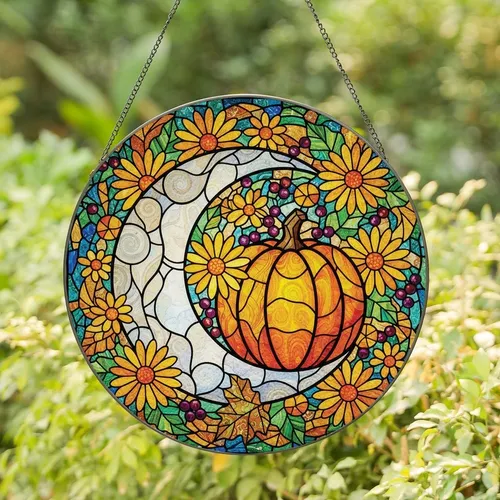 Autumn Lovers' Tiffany Stained Glass Crescent Moon Pumpkin Harvest Mosaic Design Stained Glass Suncatcher