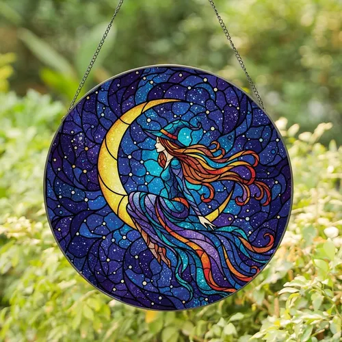 Celestial Fantasy Enthusiasts' Tiffany Stained Glass Witch on Crescent Moon, Cosmic Blue Purple Gold Teal Stained Glass Suncatcher