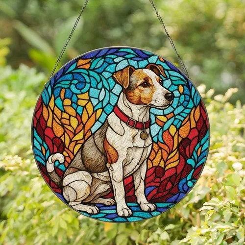 Jack Russell Dog Lovers' Vibrant Stained Glass Mosaic Art Teal Sapphire Ruby Orange Stained Glass Suncatcher