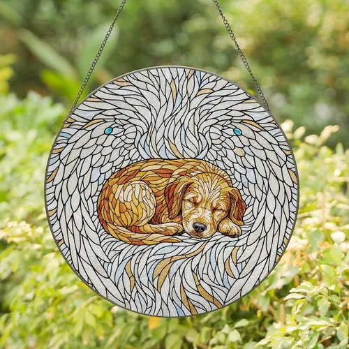 Pet Lovers' Serene Golden Retriever Puppy Angel Wings Opalescent Stained Glass Mosaic Art Stained Glass Suncatcher