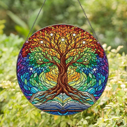 Art Lovers' Tiffany Style Stained Glass Tree of Life Book Fiery Orange Green Blue Purple Stained Glass Suncatcher
