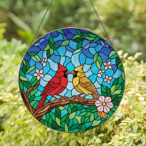 Nature Lovers' Tiffany Stained Glass Red Cardinal Couple Vibrant Jewel Tone Floral Mosaic Stained Glass Suncatcher