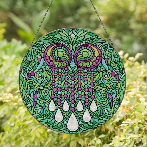 Art Lovers' Glowing Tiffany Stained Glass Jewel Tone Yellow-Green Teal-Pink Abstract Mosaic Design Stained Glass Suncatcher