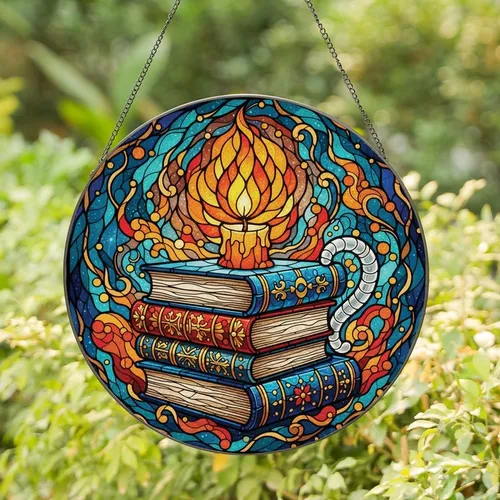 Book Lovers' Tiffany Stained Glass Stacked Books Candle Cosmic Jewel Tone Art Stained Glass Suncatcher
