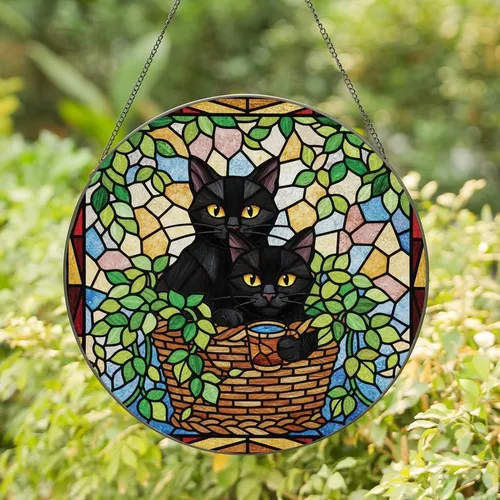 Cat Lovers' Vibrant Tiffany Stained Glass Black Cats Dappled Light Geometric Mosaic Stained Glass Suncatcher