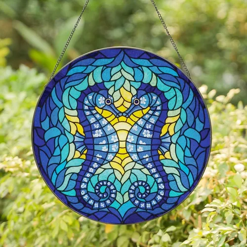 Ocean Lovers' Tiffany Style Stained Glass Mirrored Seahorse Heart Deep Blue Aqua Yellow Mosaic Art Stained Glass Suncatcher