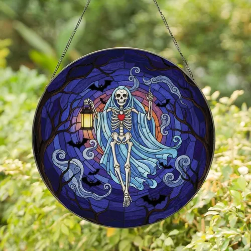 Halloween Lovers' Whimsical Skeleton Stained Glass Tiffany Art, Blue Veil, Red Heart, Glowing Lantern, Midnight Mosaic Stained Glass Suncatcher