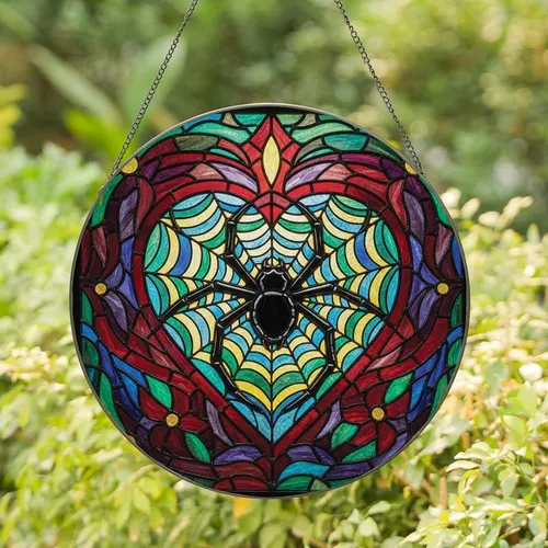 Distinctive Style Lovers' Vibrant Tiffany Stained Glass Spider Heart Web Mosaic Jewel Tones Stained Glass Suncatcher