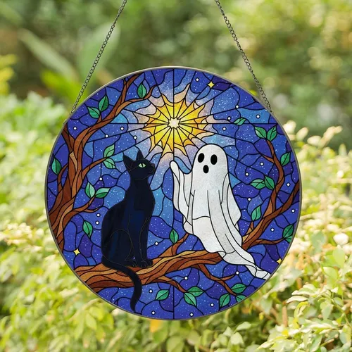 Fantasy Art Lovers' Tiffany Stained Glass Black Cat Ghost Starburst Sapphire Blue Emerald Green Mosaic Stained Glass Suncatcher