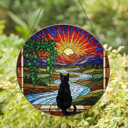 Cat Lovers' Tiffany Style Stained Glass Black Cat Window Sunset River Mountain Landscape Jewel Tones Orange Blue Green Red Yellow Stained Glass Suncatcher