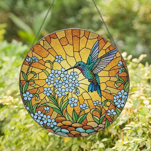 Nature Lovers' Iridescent Blue-Green Hummingbird Stained Glass Forget-Me-Not Golden Mosaic Pattern Stained Glass Suncatcher