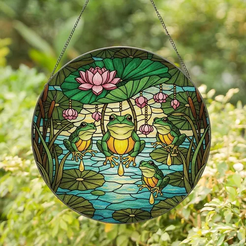 Nature Lovers' Emerald Green Frog Stained Glass Jewel Tone Pond Lily Pad Lotus Mosaic Stained Glass Suncatcher