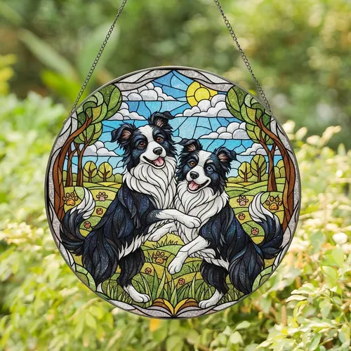Border Collie Enthusiasts' Intricate Tiffany Stained Glass Playful Embrace Meadow Mosaic Jewel Tones Art Stained Glass Suncatcher