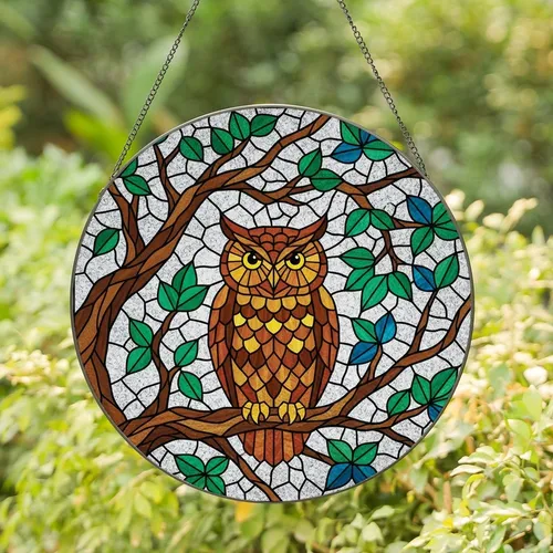 Art Enthusiasts' Intricate Tiffany Stained Glass Owl Amber Gold Green Blue Cracked Ice Stained Glass Suncatcher