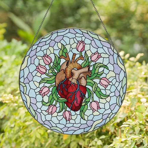 Art & Nature Lovers' Stained Glass Anatomical Heart Foliage Tulip Buds Jewel Tone Intricate Mosaic Stained Glass Suncatcher