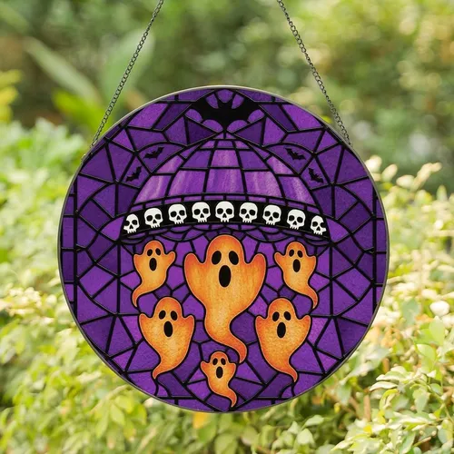 Dark Fantasy Fans' Vibrant Stained Glass Purple Orange Ghost Skull Bat Intricate Geometric Mosaic Stained Glass Suncatcher