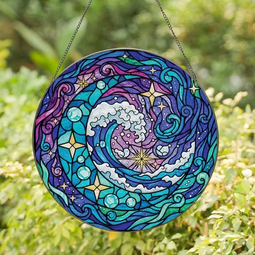 Celestial Ocean Enthusiasts Jewel Tone Stained Glass Crescent Moon Wave Cosmic Nebula Starburst Mosaic Pattern Stained Glass Suncatcher