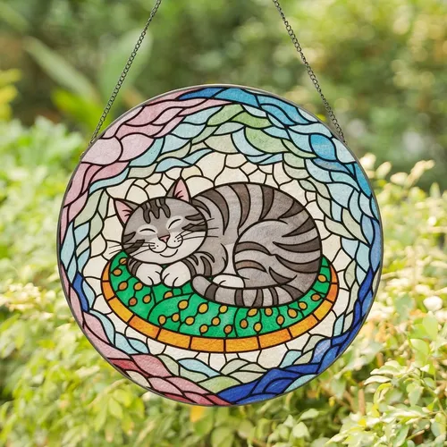 Cat Lovers' Tiffany Style Sleeping Tabby Cat Grey Orange Green Jewel Tone Intricate Mosaic Stained Glass Suncatcher